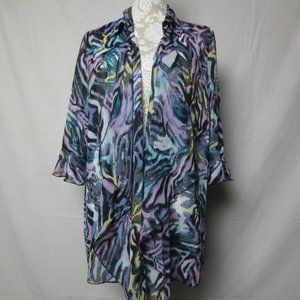 Maggie Barnes Plus Size Sheer Black Pastel Abstract Animal Print Open Jacket OX